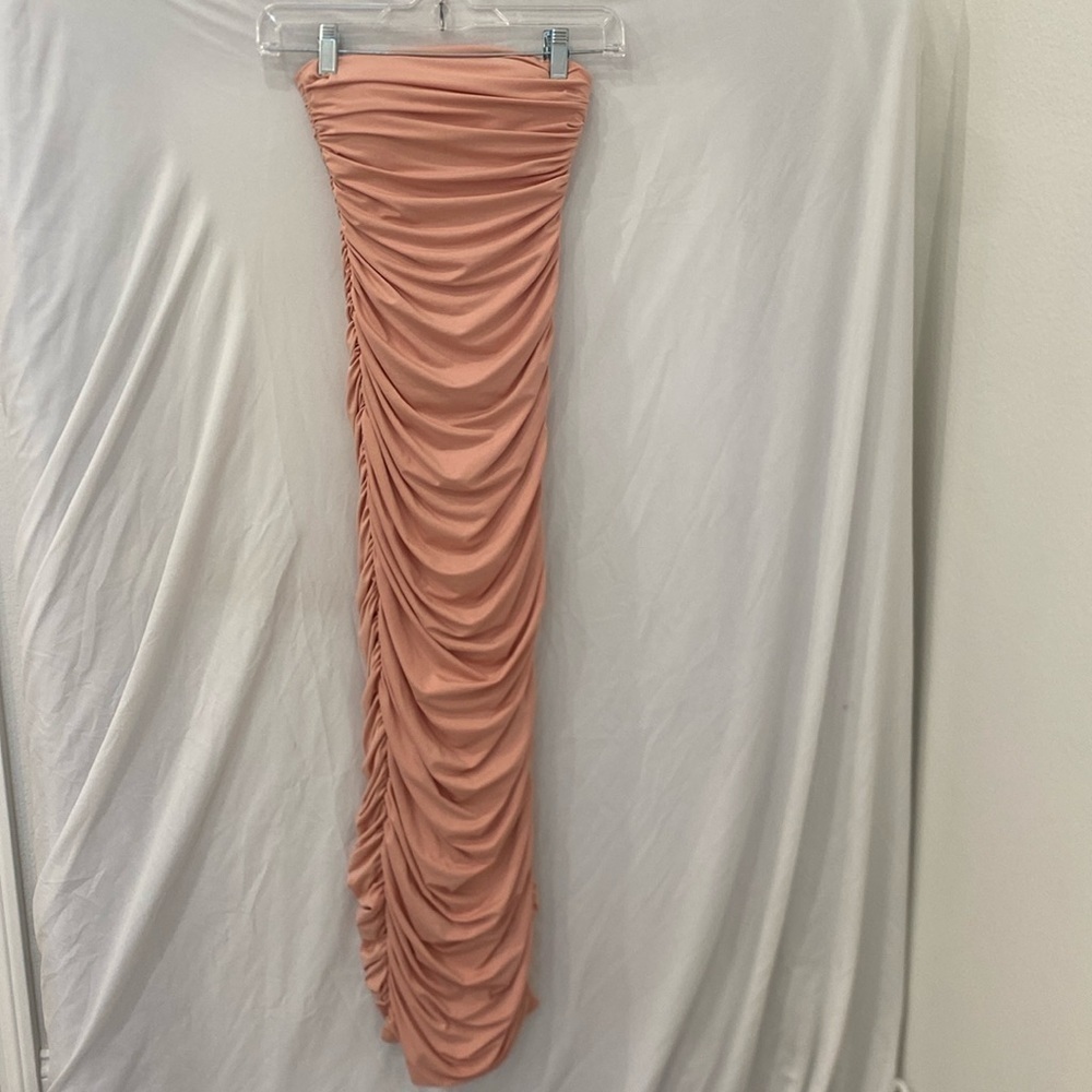 Oh Polly Long tight bodycon light pink ruched dress sz 2 prom